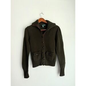 Lauren Ralph Lauren Small Olive Green Cotton Cardigan Suede Elbow Patches